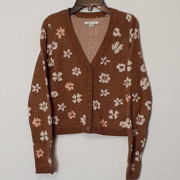 American Eagle Outfitters Sweaters - AMERICAN EAGLE Brown Floral Long Sleeved Cropped Cardigan; Size XS